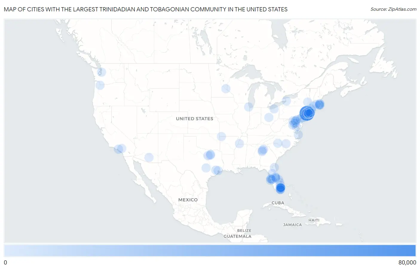 Cities with the Largest Trinidadian and Tobagonian Community in the United States Map