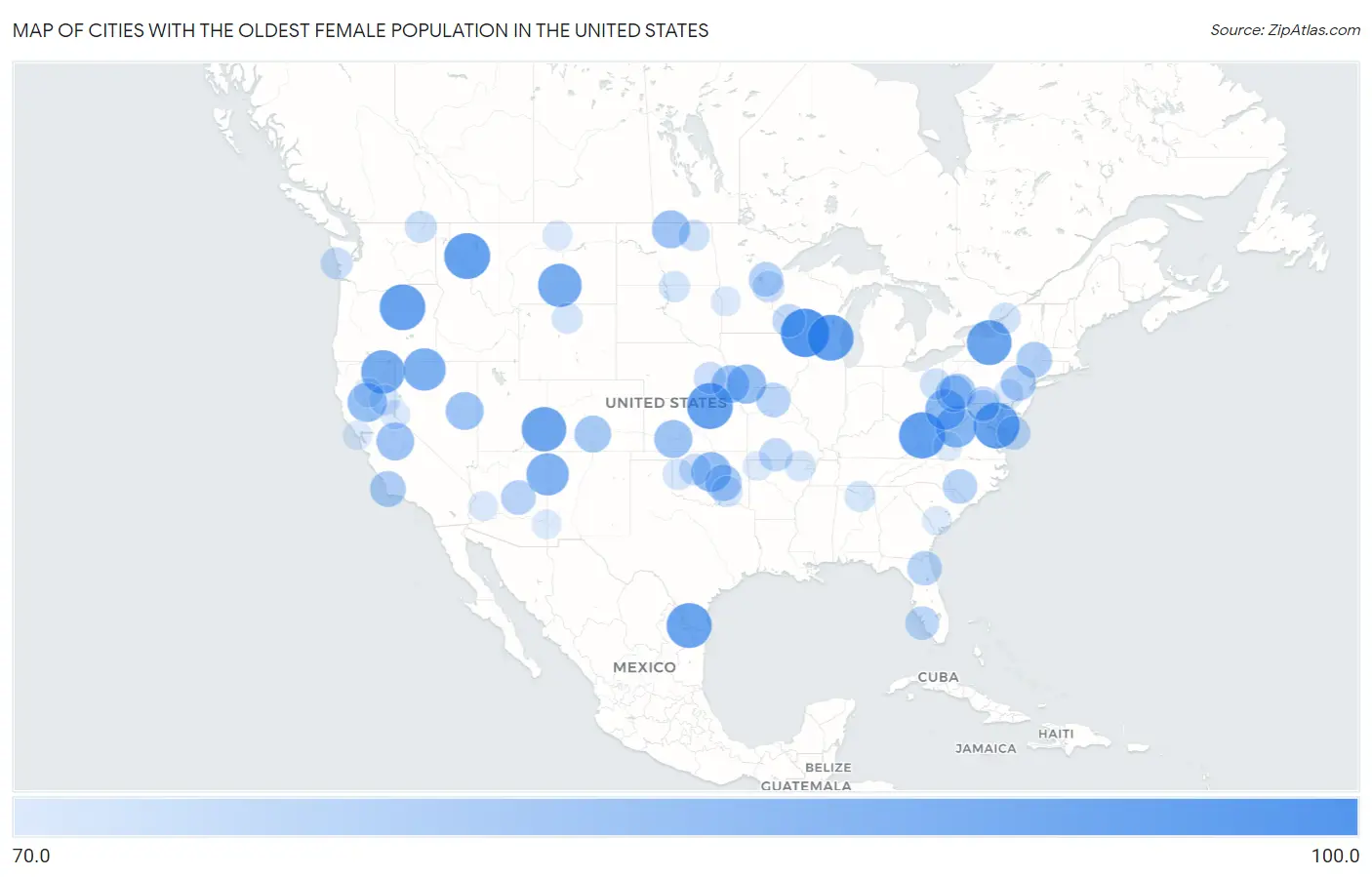 Cities with the Oldest Female Population in the United States Map