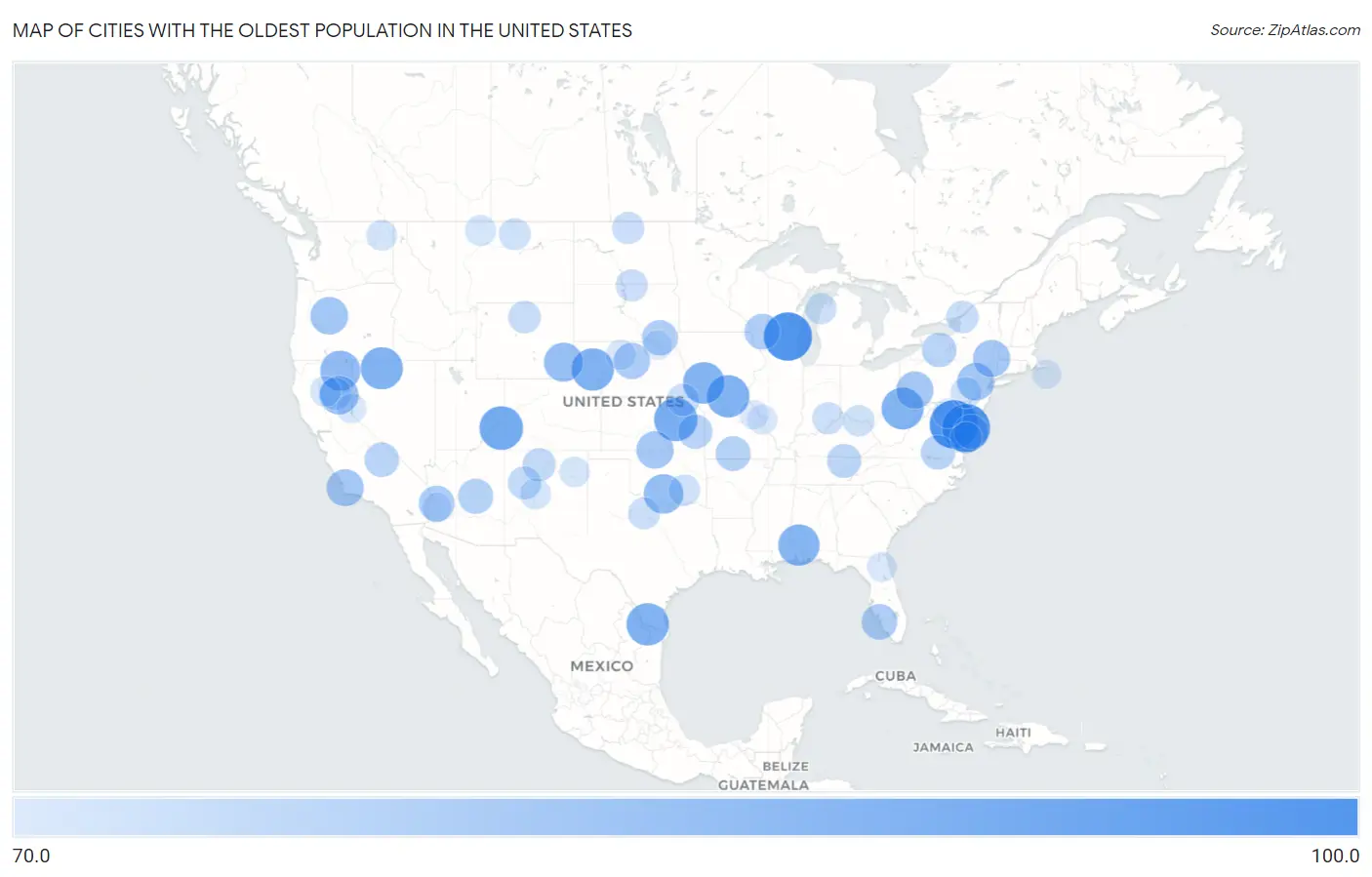 Cities with the Oldest Population in the United States Map