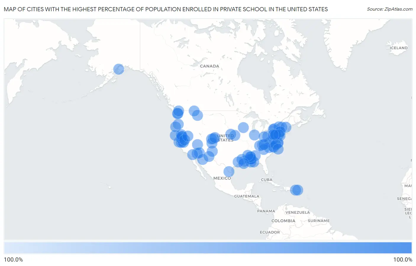 Cities with the Highest Percentage of Population Enrolled in Private School in the United States Map