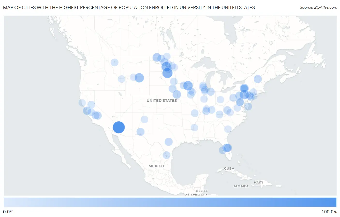 Cities with the Highest Percentage of Population Enrolled in University in the United States Map