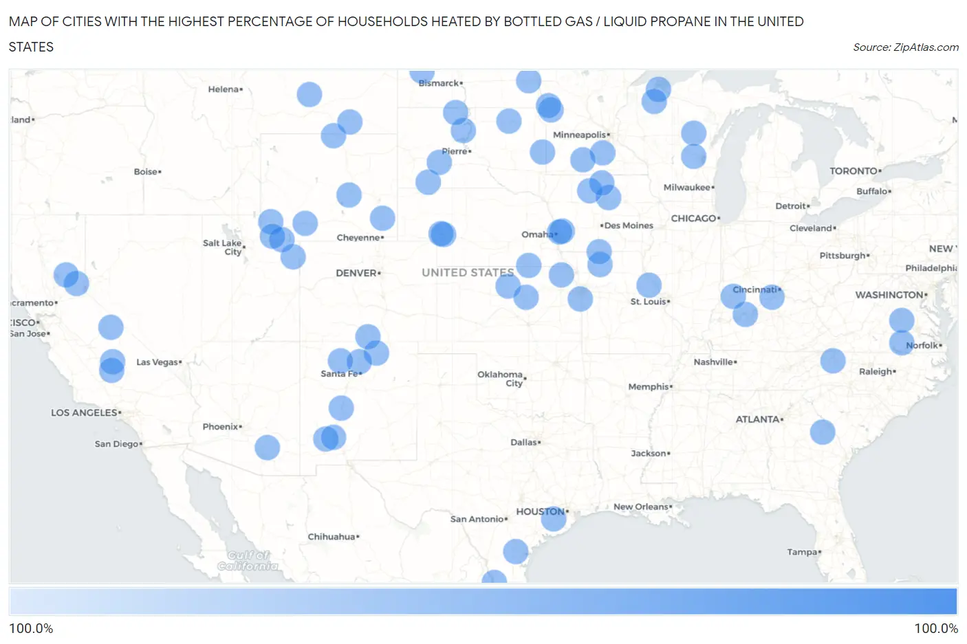 Cities with the Highest Percentage of Households Heated by Bottled Gas / Liquid Propane in the United States Map