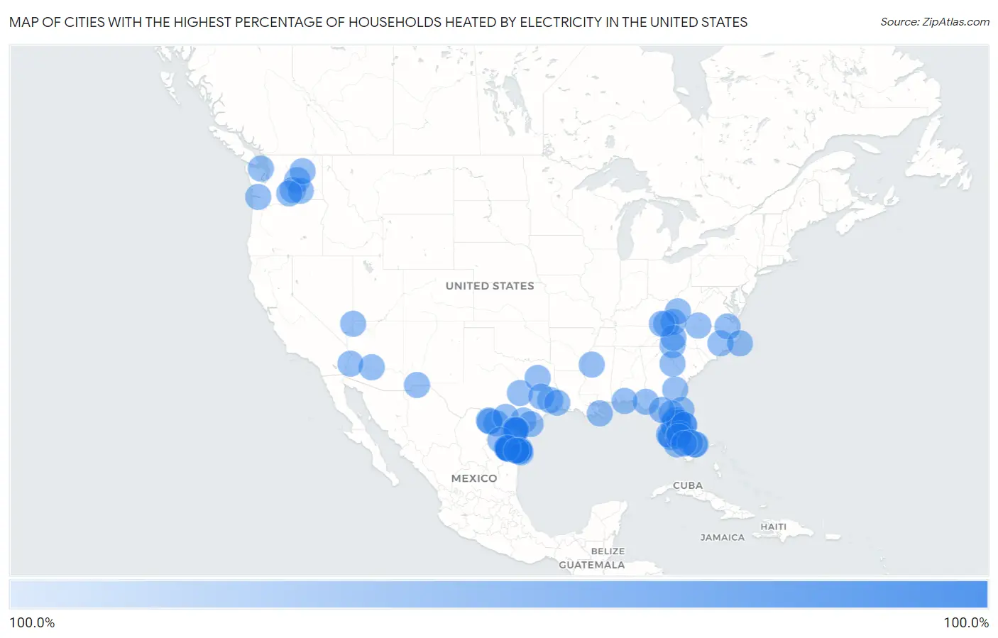 Cities with the Highest Percentage of Households Heated by Electricity in the United States Map