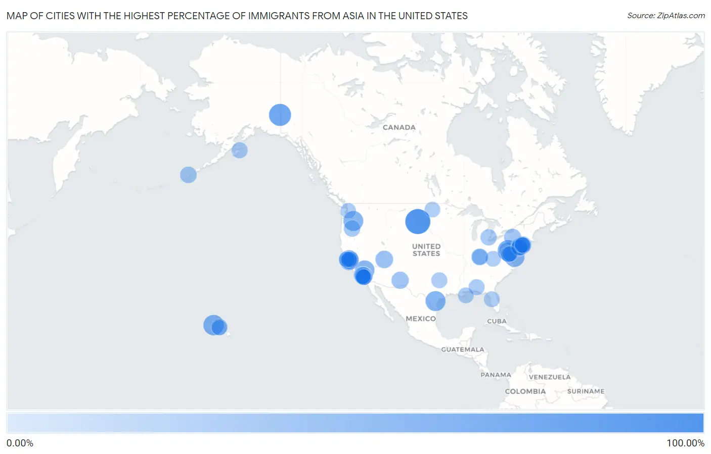 Cities with the Highest Percentage of Immigrants from Asia in the United States Map