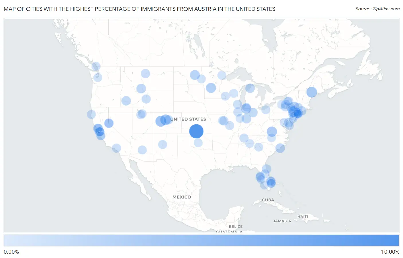 Cities with the Highest Percentage of Immigrants from Austria in the United States Map
