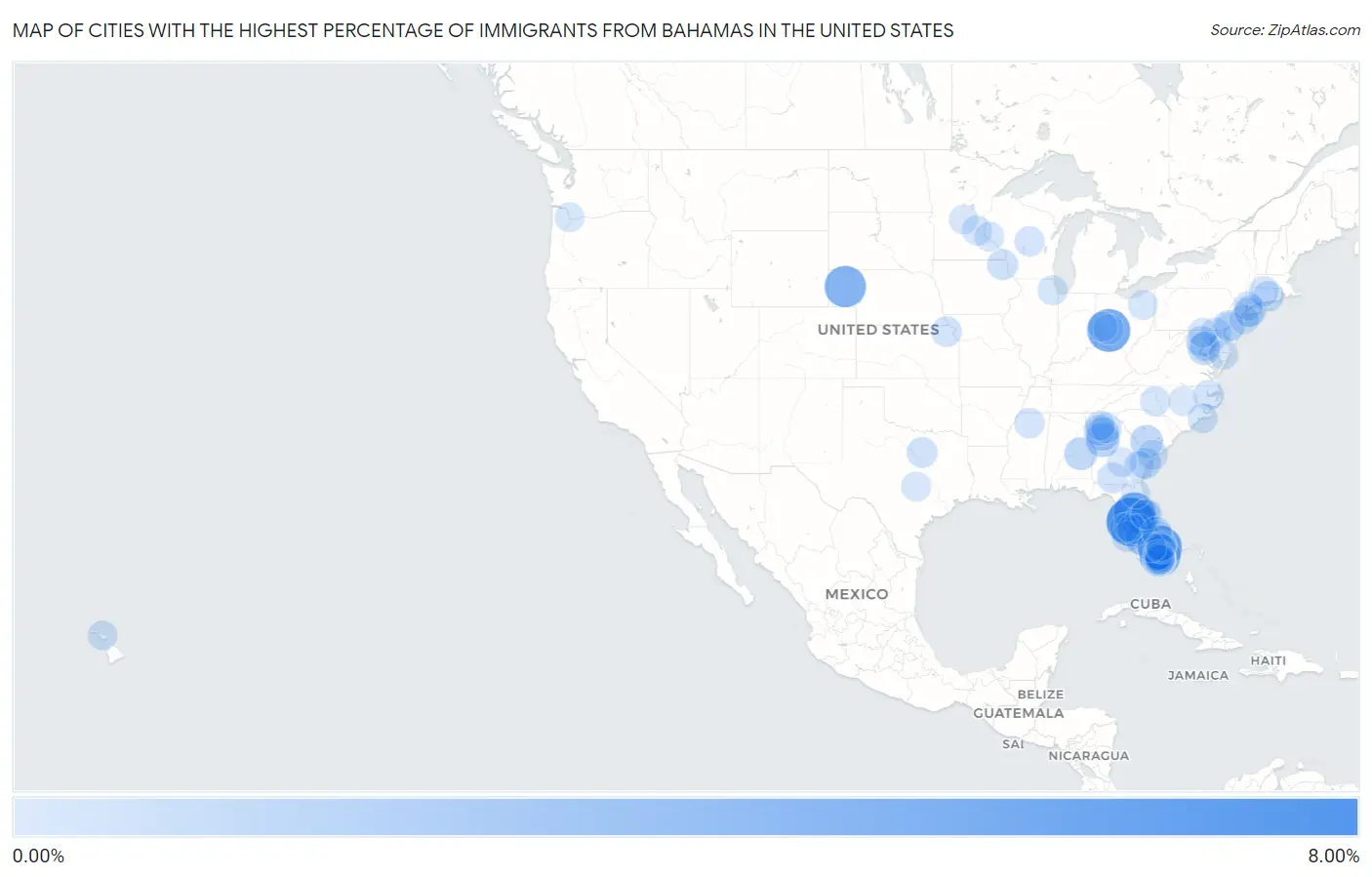 Cities with the Highest Percentage of Immigrants from Bahamas in the United States Map