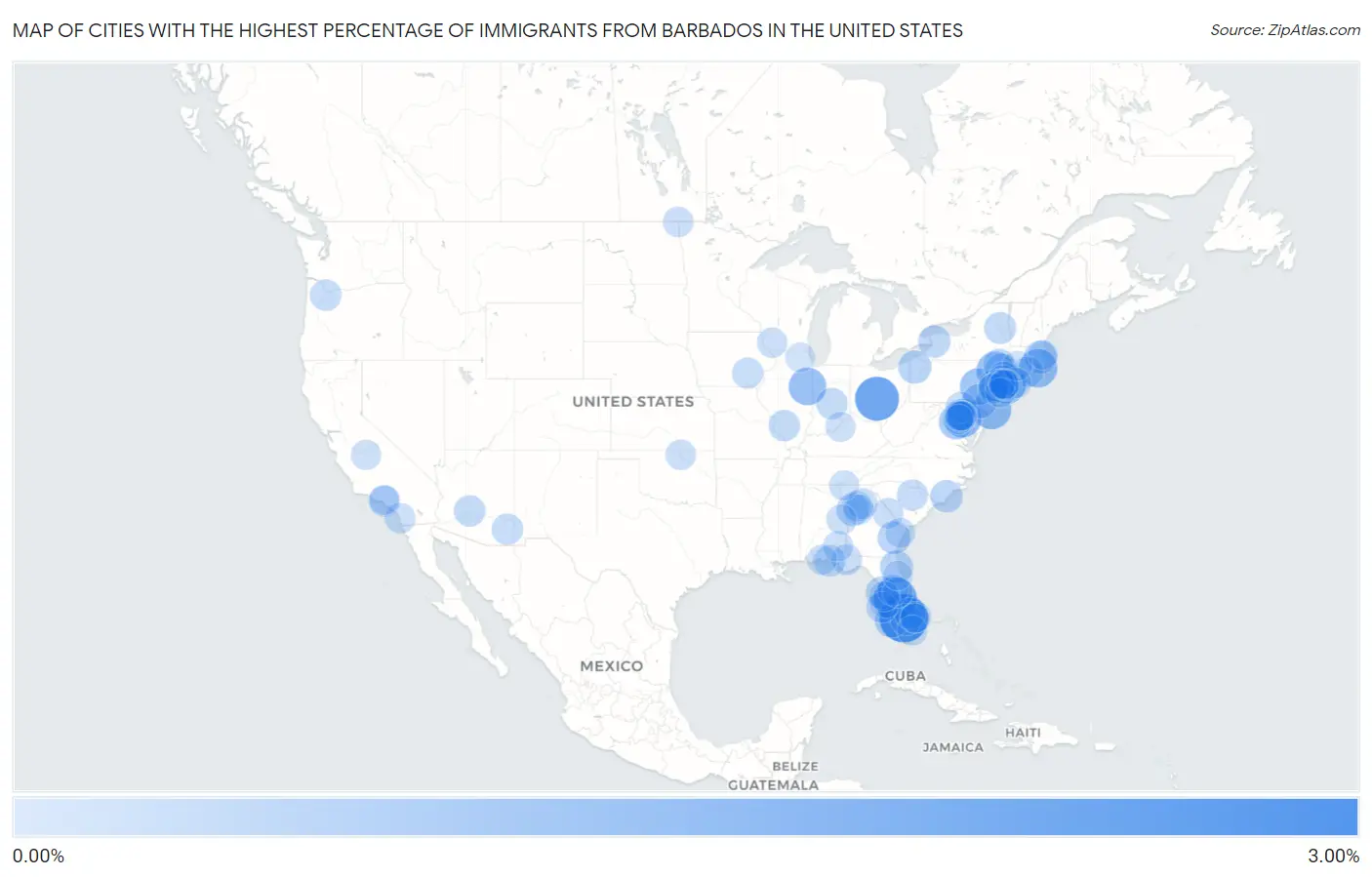 Cities with the Highest Percentage of Immigrants from Barbados in the United States Map
