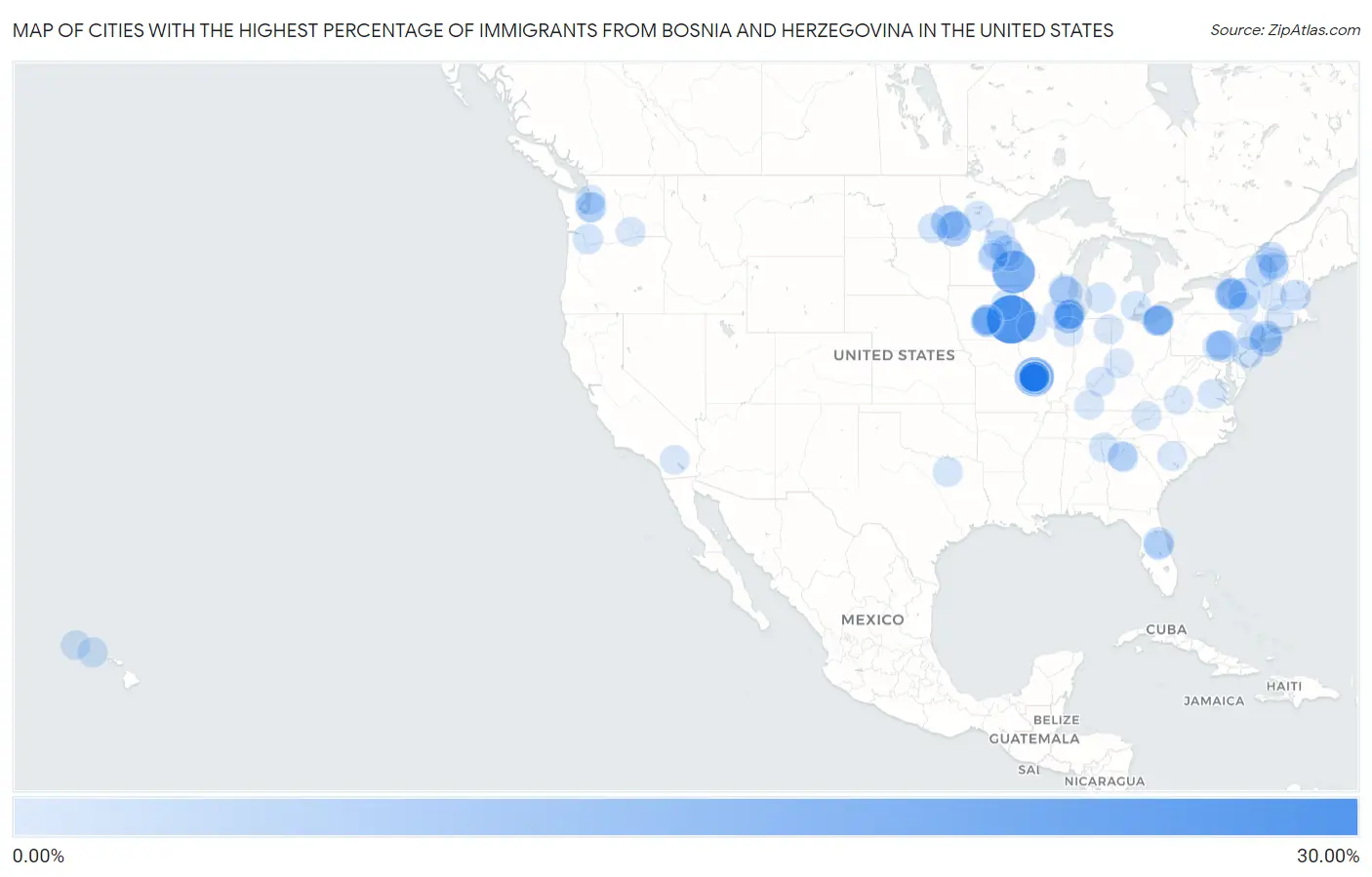 Cities with the Highest Percentage of Immigrants from Bosnia and Herzegovina in the United States Map