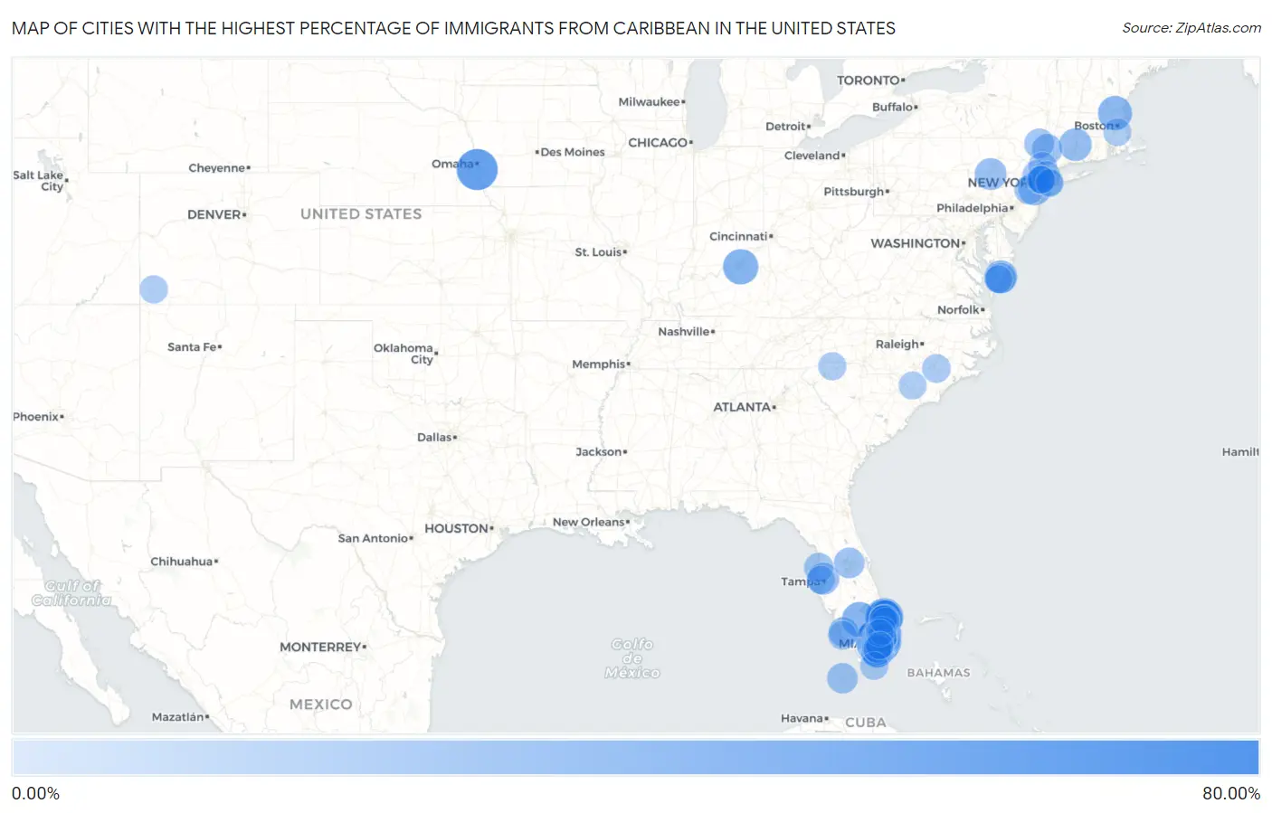 Cities with the Highest Percentage of Immigrants from Caribbean in the United States Map