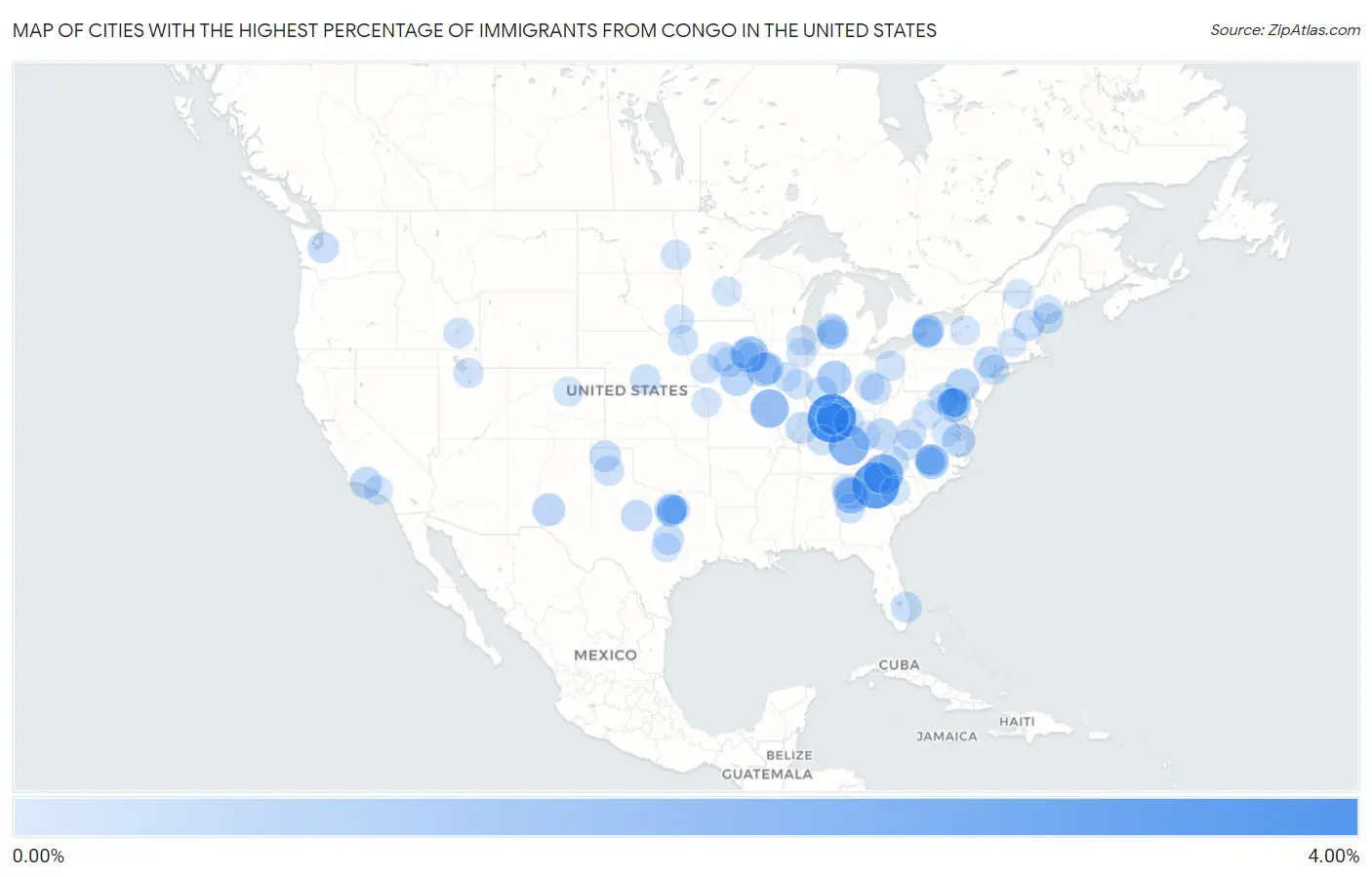 Cities with the Highest Percentage of Immigrants from Congo in the United States Map