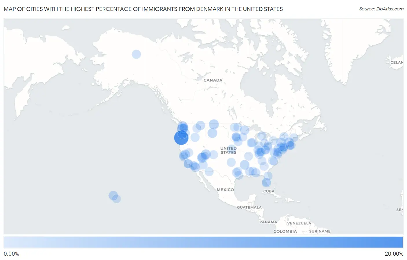 Cities with the Highest Percentage of Immigrants from Denmark in the United States Map