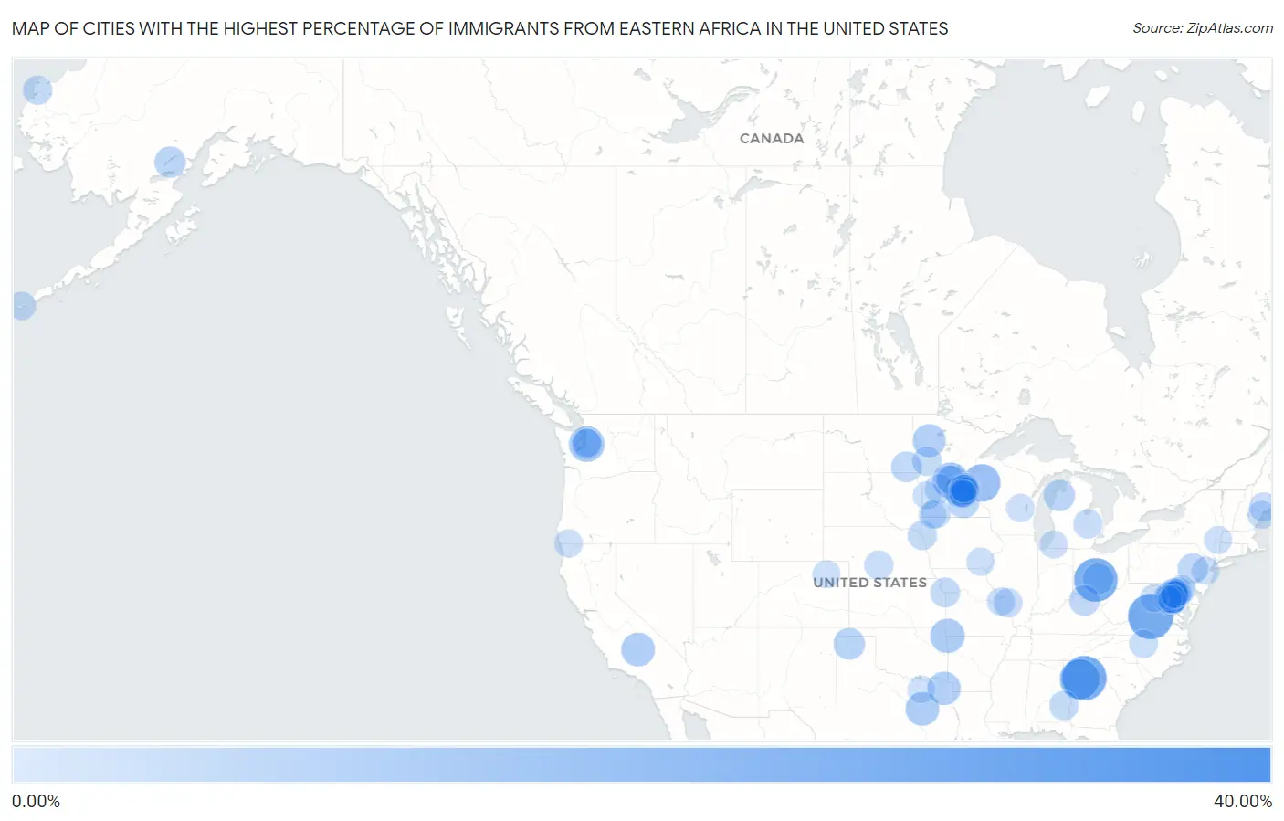 Cities with the Highest Percentage of Immigrants from Eastern Africa in the United States Map