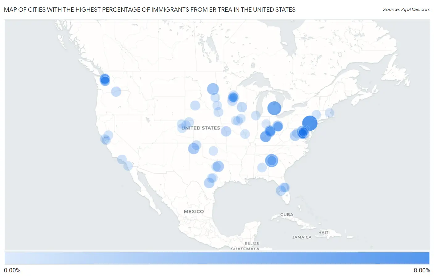 Cities with the Highest Percentage of Immigrants from Eritrea in the United States Map