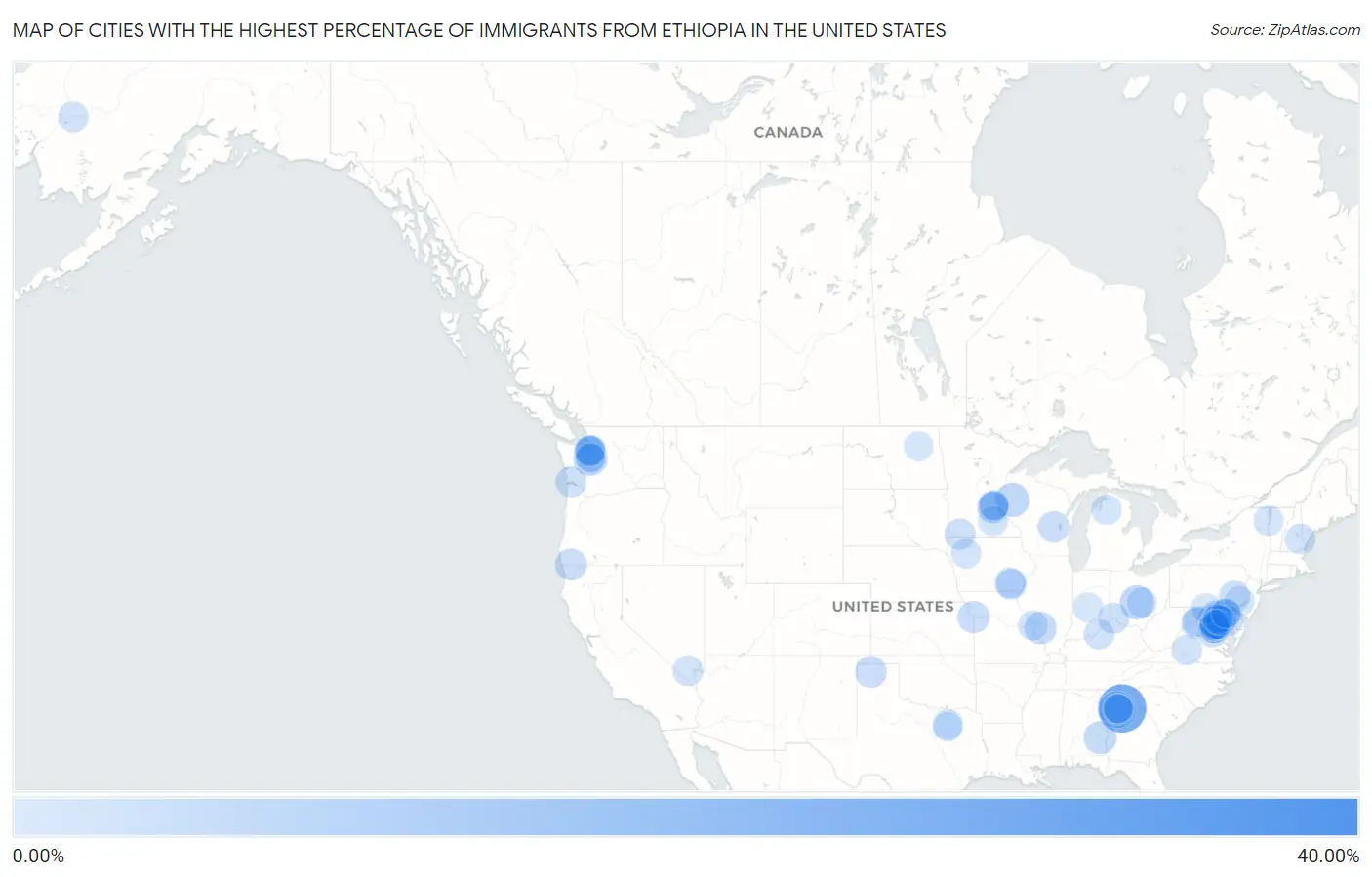 Cities with the Highest Percentage of Immigrants from Ethiopia in the United States Map