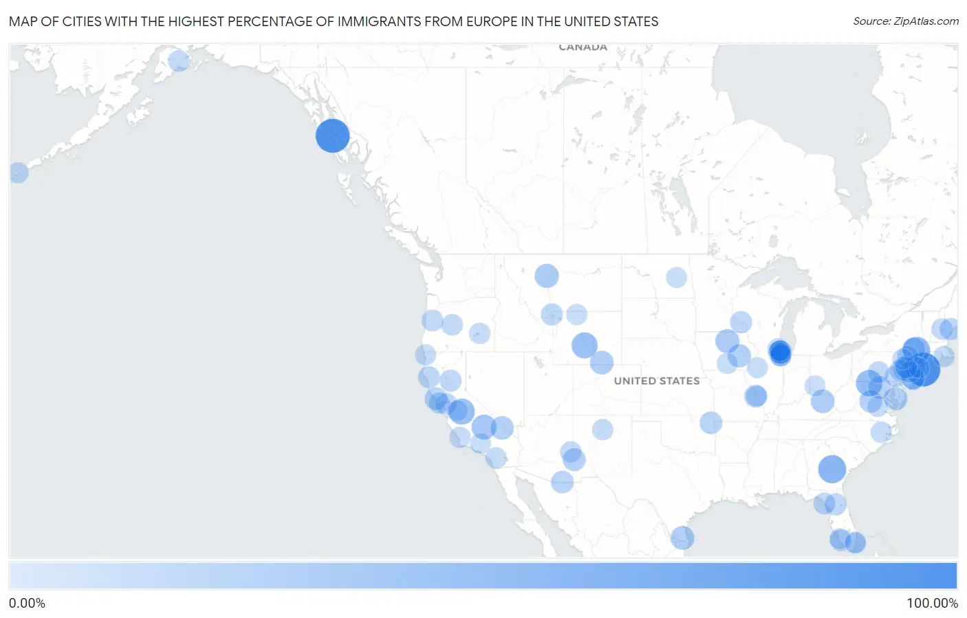 Cities with the Highest Percentage of Immigrants from Europe in the United States Map