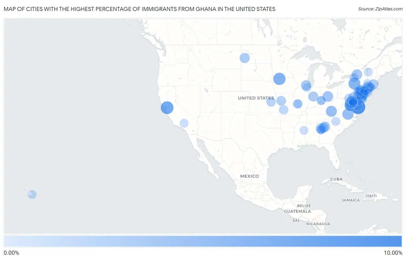 Cities with the Highest Percentage of Immigrants from Ghana in the United States Map