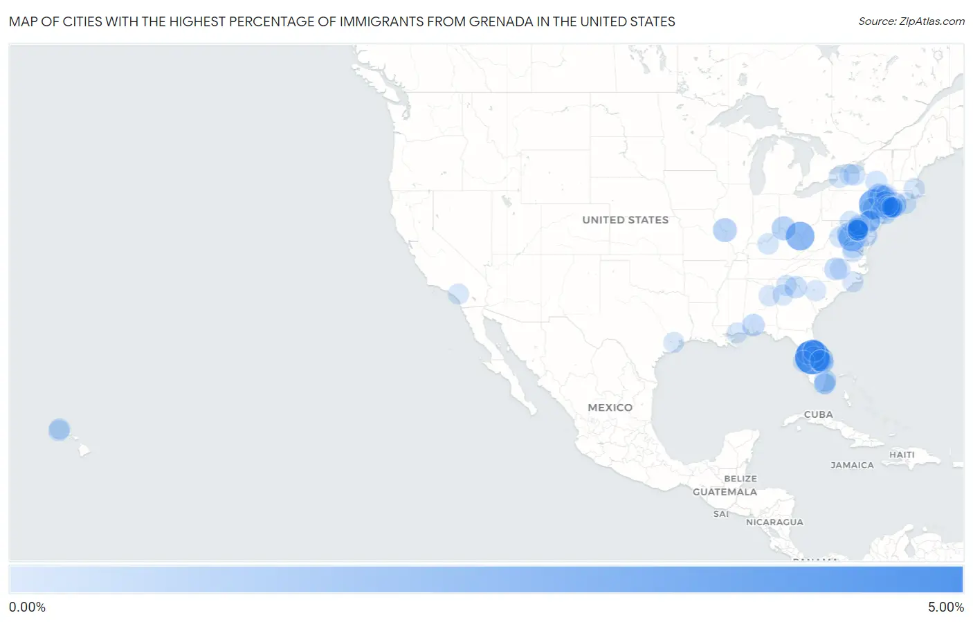 Cities with the Highest Percentage of Immigrants from Grenada in the United States Map