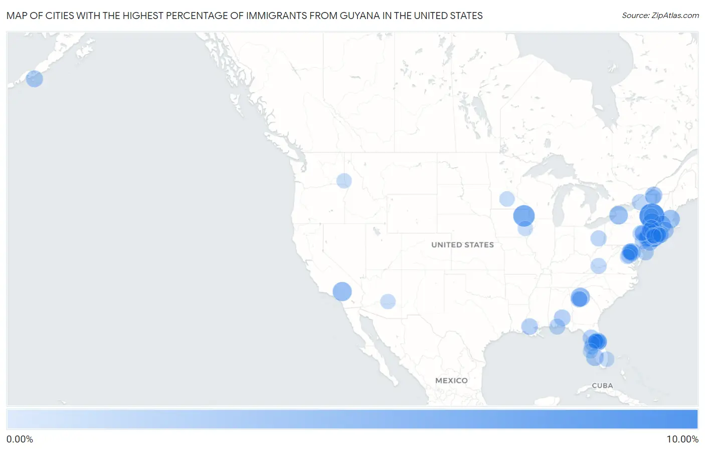 Cities with the Highest Percentage of Immigrants from Guyana in the United States Map