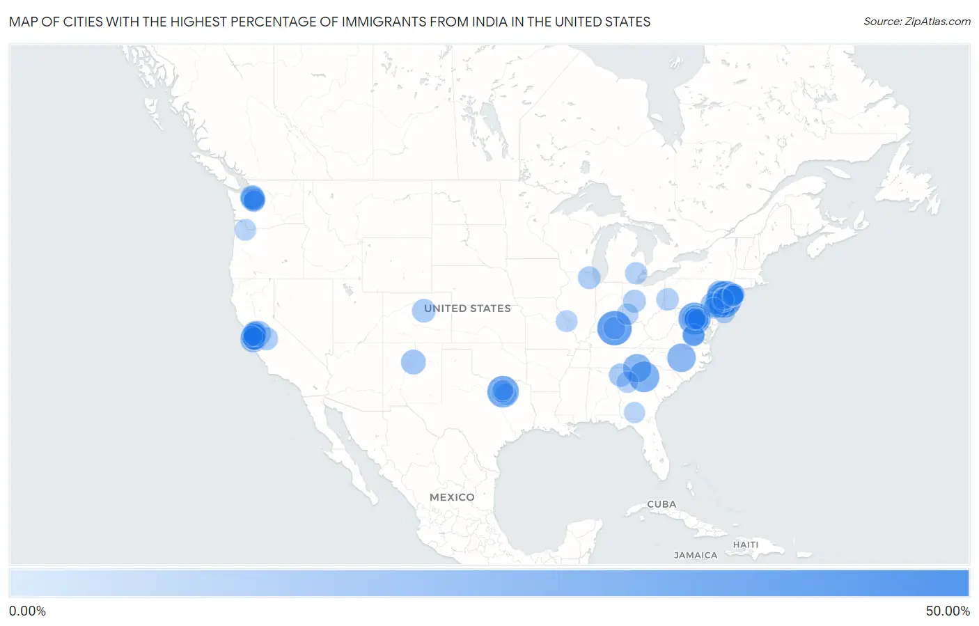 Cities with the Highest Percentage of Immigrants from India in the United States Map