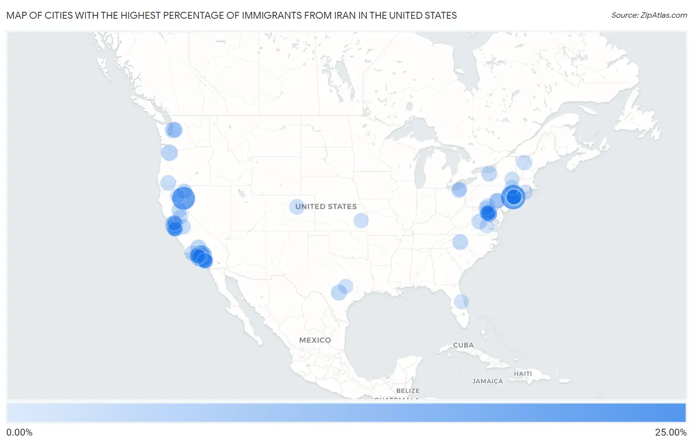 Cities with the Highest Percentage of Immigrants from Iran in the United States Map
