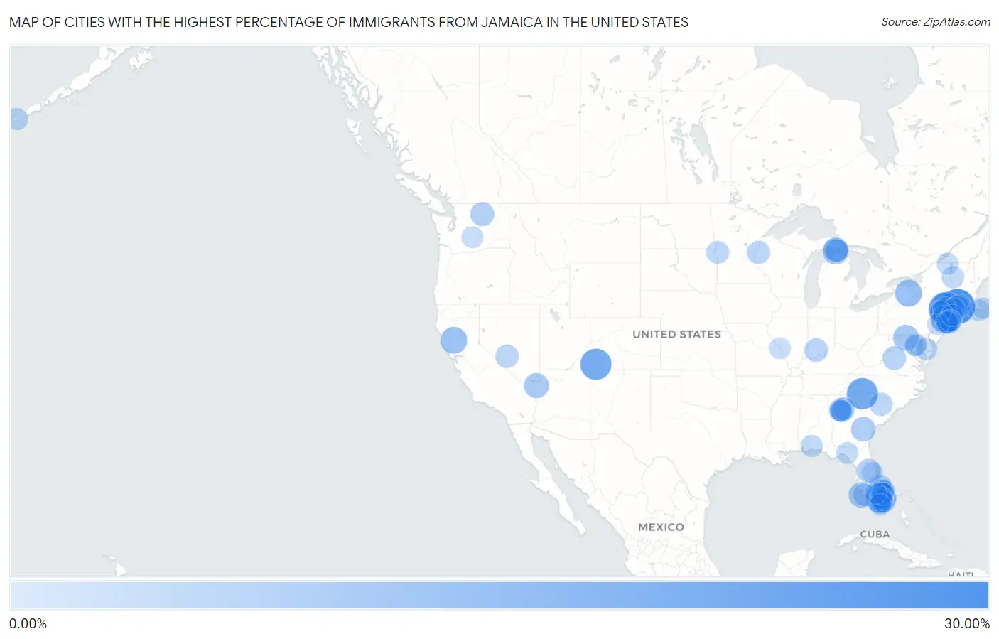 Cities with the Highest Percentage of Immigrants from Jamaica in the United States Map