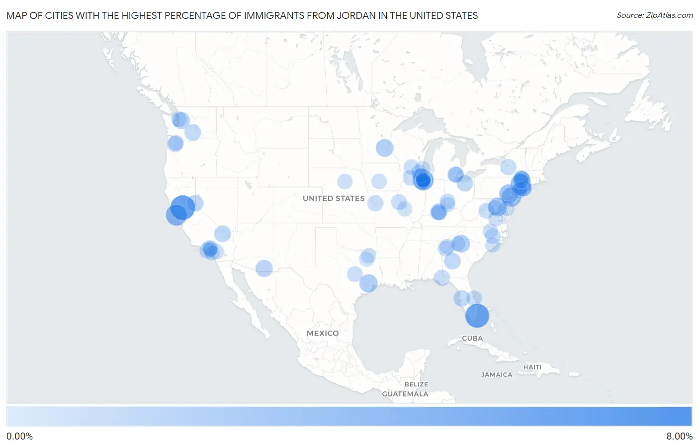 Cities with the Highest Percentage of Immigrants from Jordan in the United States Map
