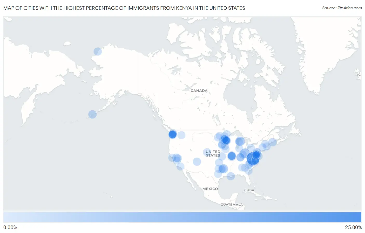 Cities with the Highest Percentage of Immigrants from Kenya in the United States Map