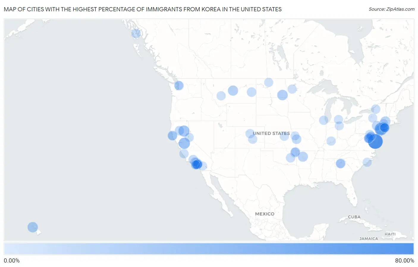 Cities with the Highest Percentage of Immigrants from Korea in the United States Map