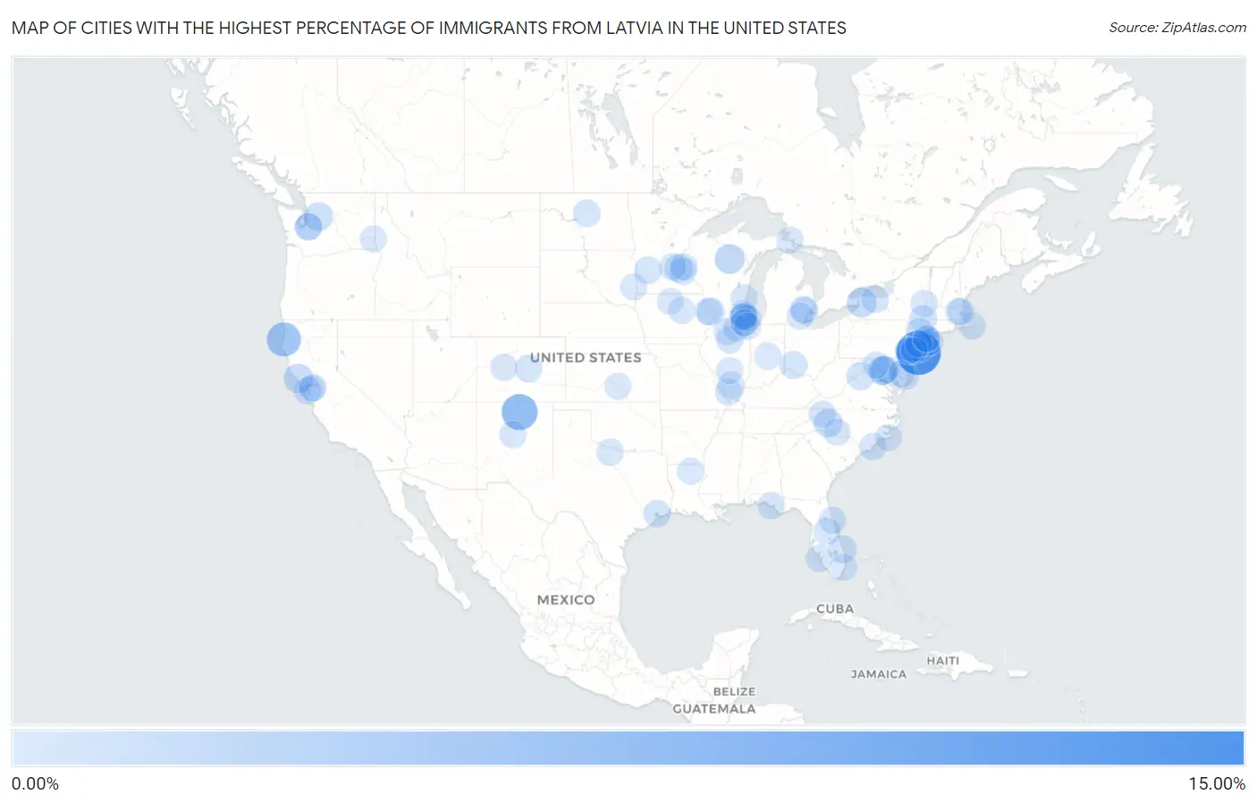 Cities with the Highest Percentage of Immigrants from Latvia in the United States Map