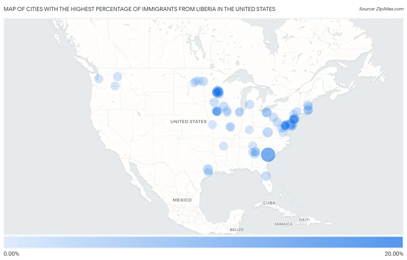 Cities with the Highest Percentage of Immigrants from Liberia in the United States Map