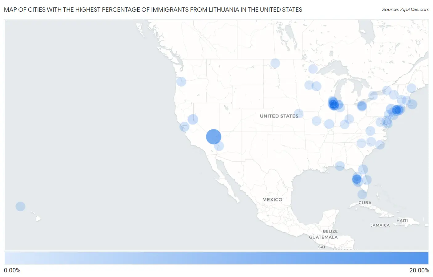 Cities with the Highest Percentage of Immigrants from Lithuania in the United States Map