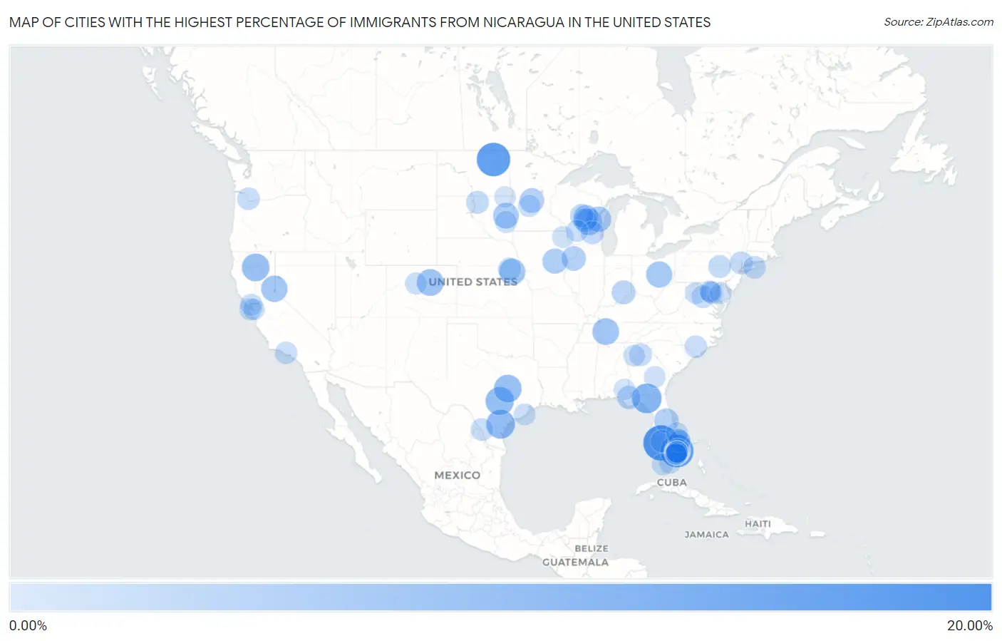 Cities with the Highest Percentage of Immigrants from Nicaragua in the United States Map