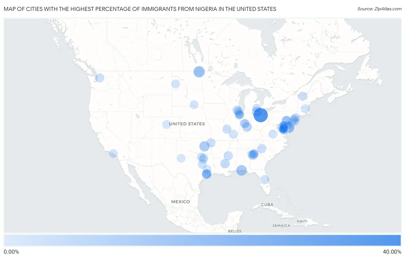 Cities with the Highest Percentage of Immigrants from Nigeria in the United States Map