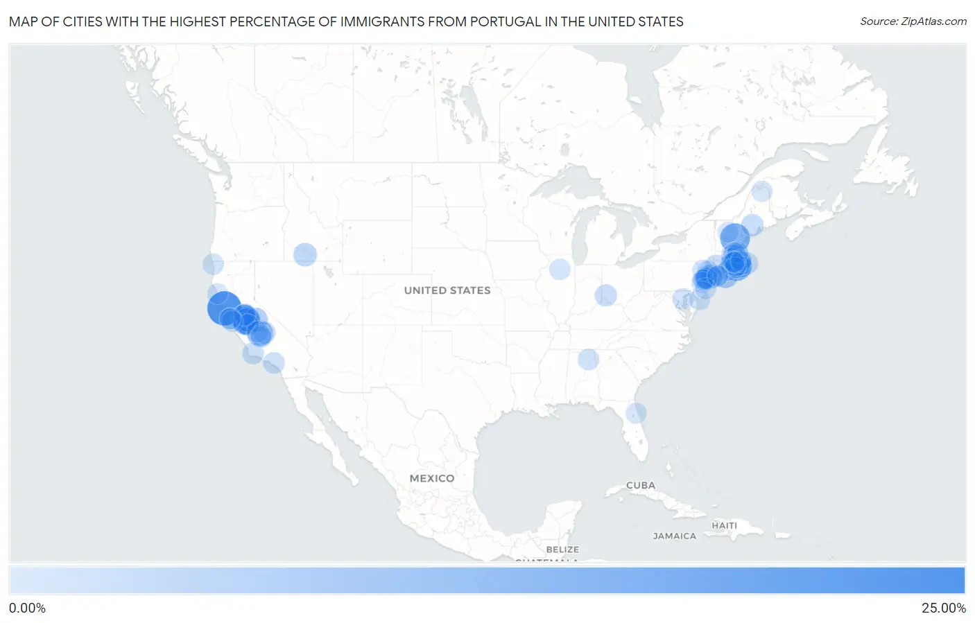 Cities with the Highest Percentage of Immigrants from Portugal in the United States Map