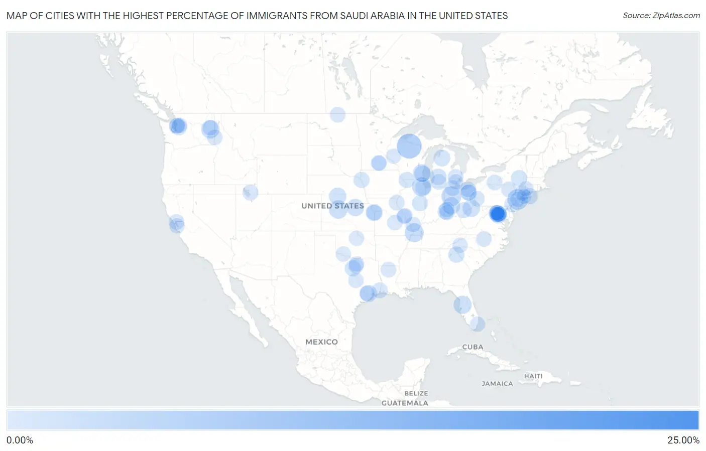 Cities with the Highest Percentage of Immigrants from Saudi Arabia in the United States Map