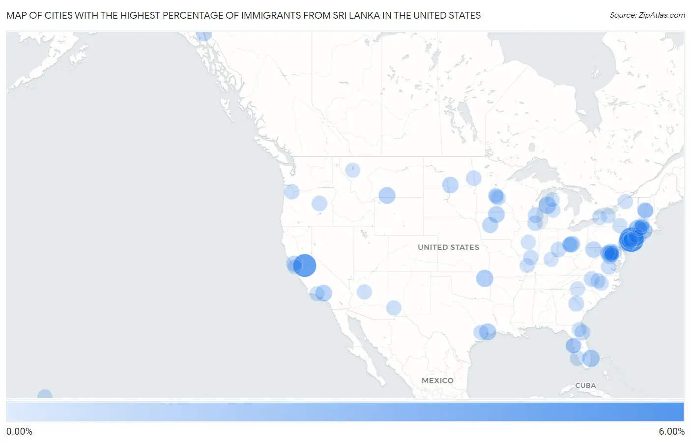 Cities with the Highest Percentage of Immigrants from Sri Lanka in the United States Map