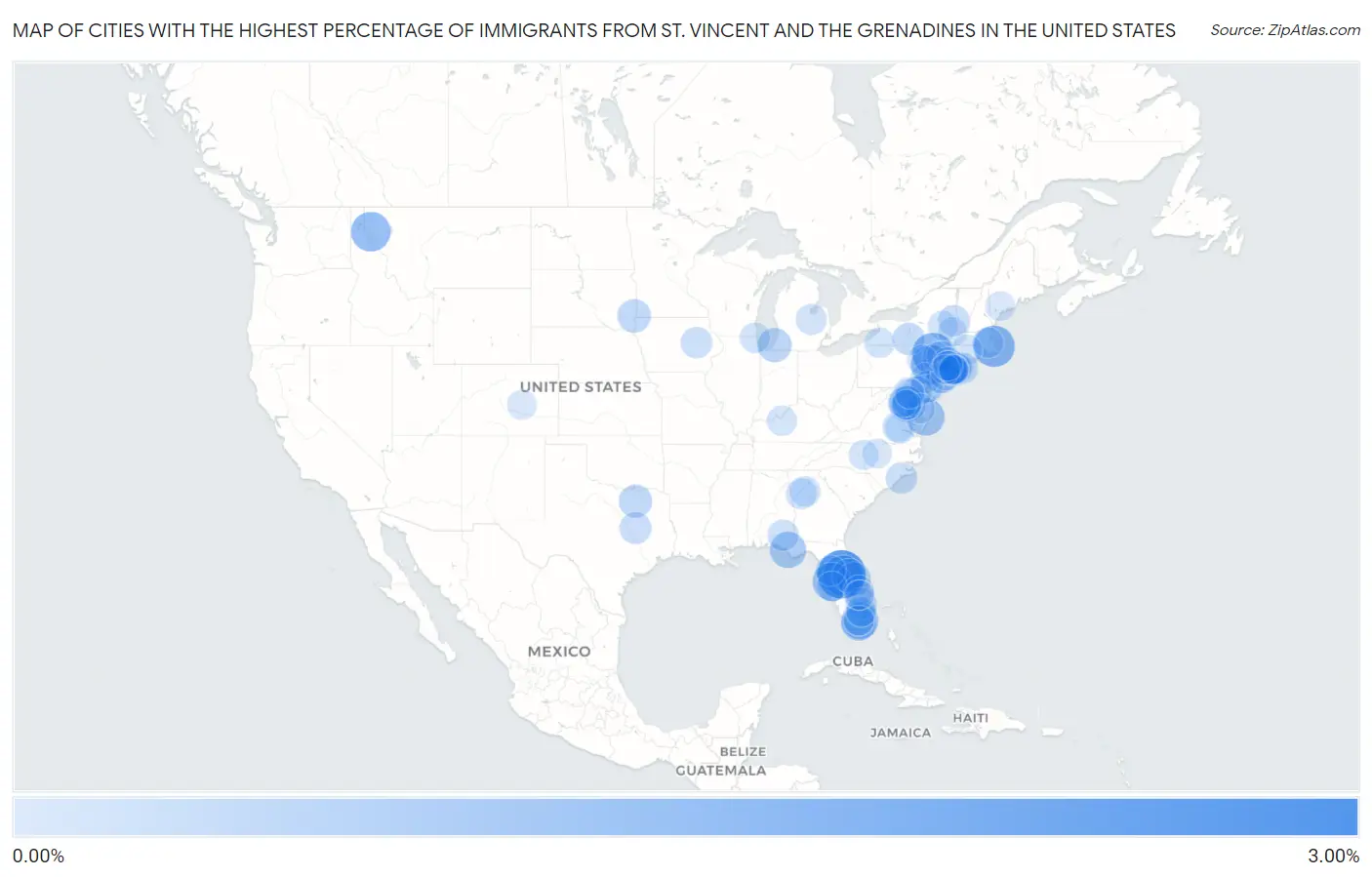 Cities with the Highest Percentage of Immigrants from St. Vincent and the Grenadines in the United States Map