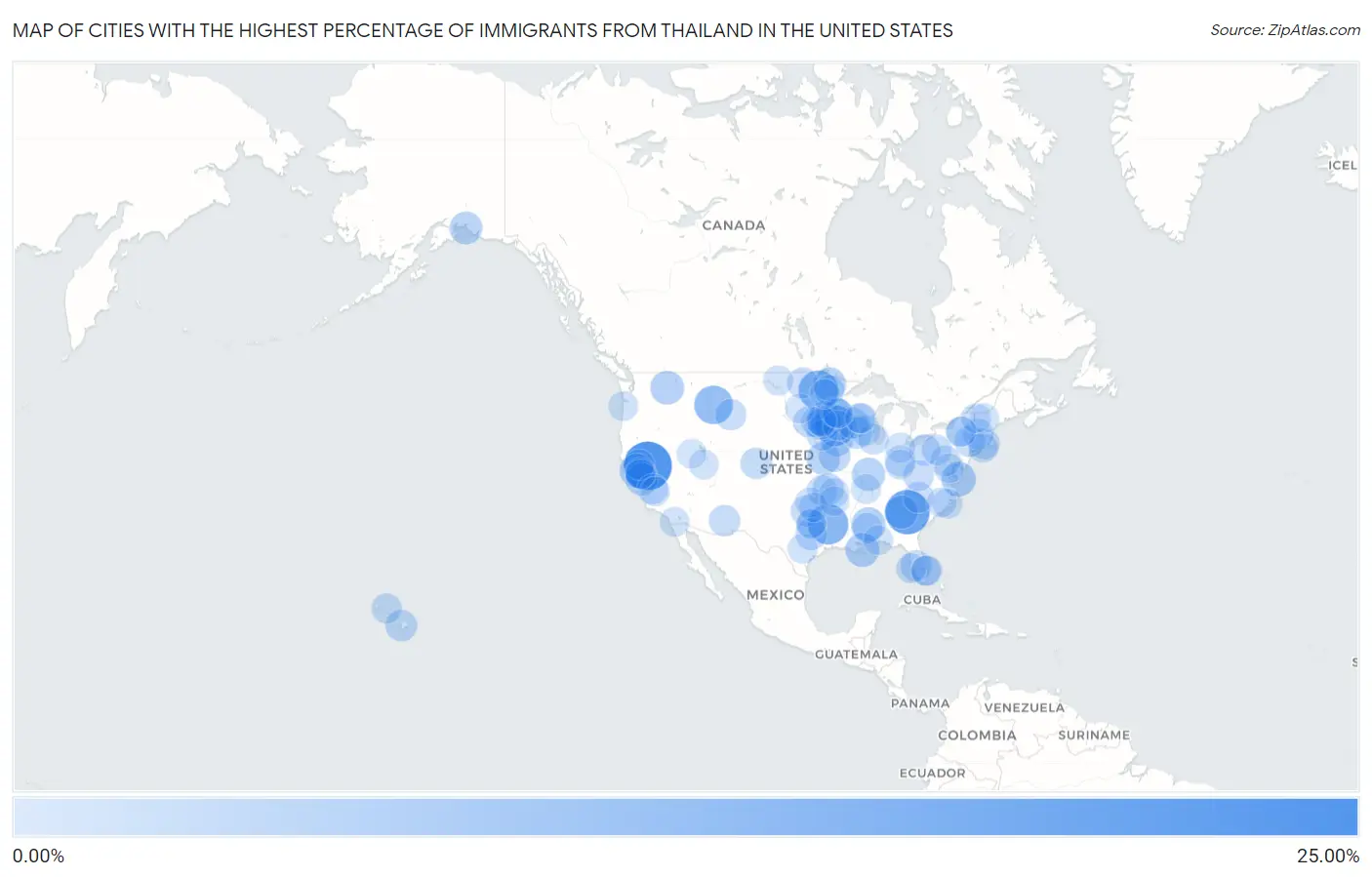 Cities with the Highest Percentage of Immigrants from Thailand in the United States Map