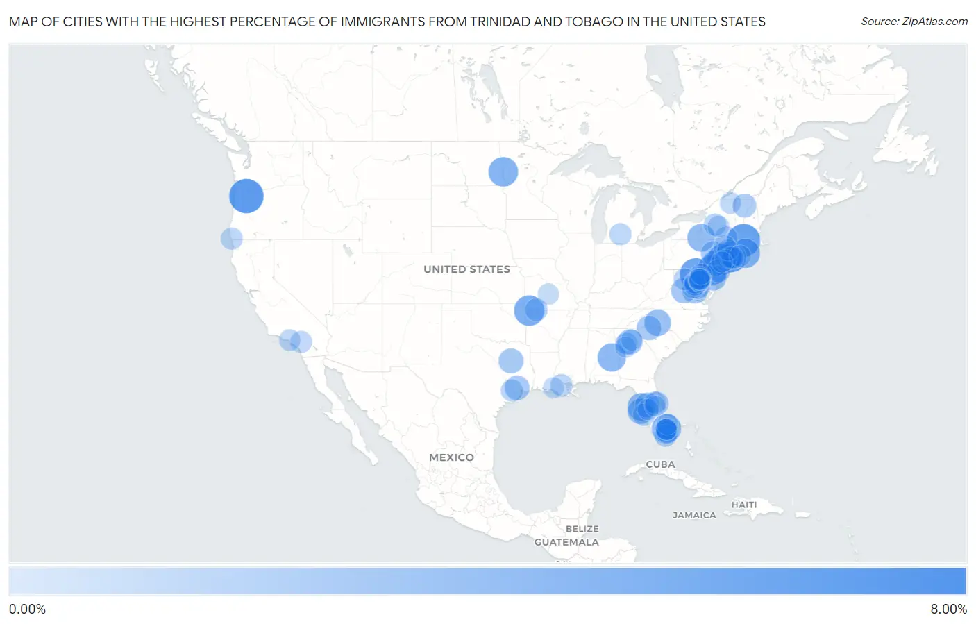 Cities with the Highest Percentage of Immigrants from Trinidad and Tobago in the United States Map
