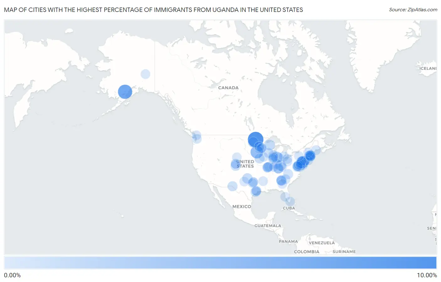 Cities with the Highest Percentage of Immigrants from Uganda in the United States Map