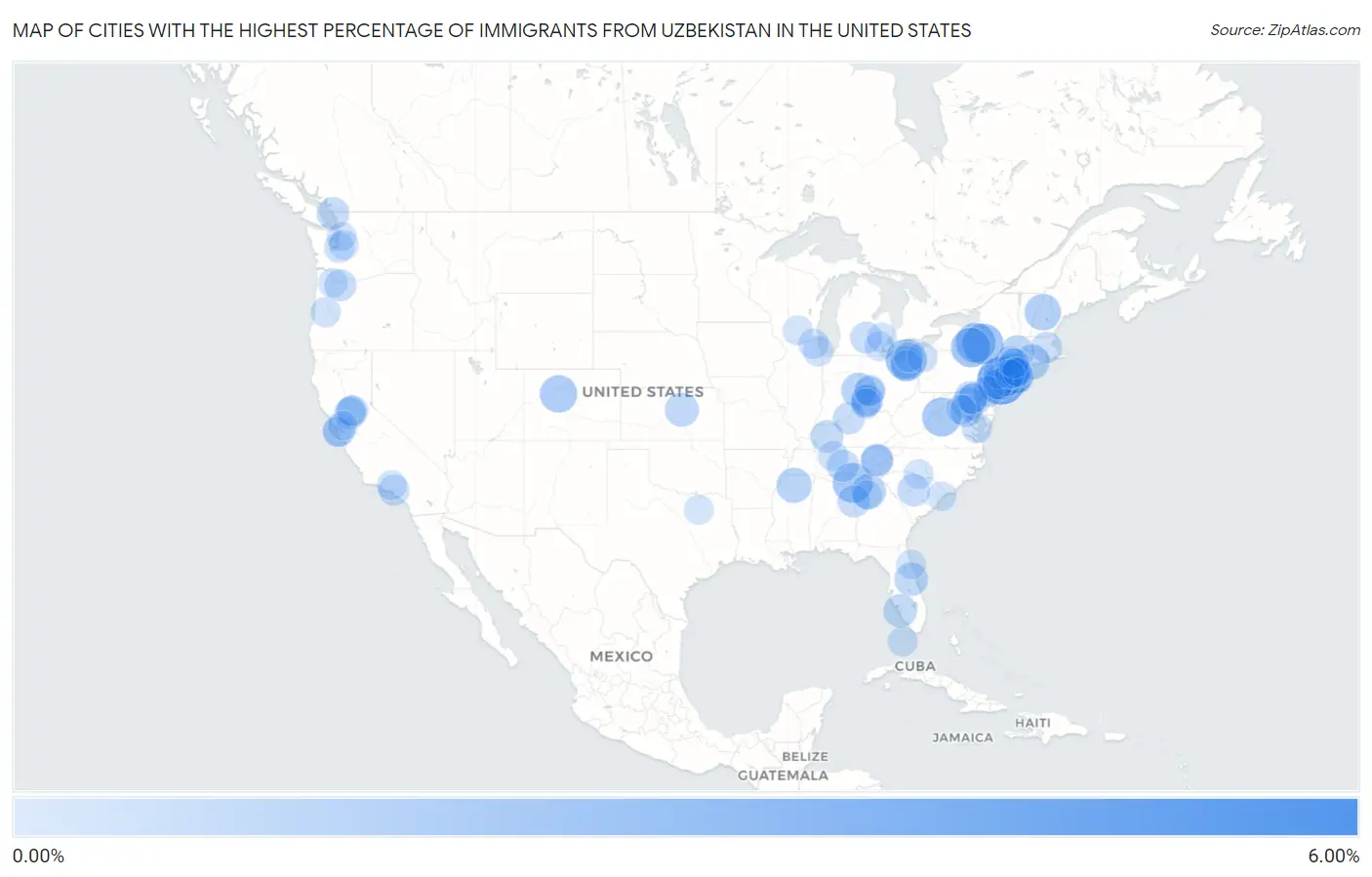 Cities with the Highest Percentage of Immigrants from Uzbekistan in the United States Map