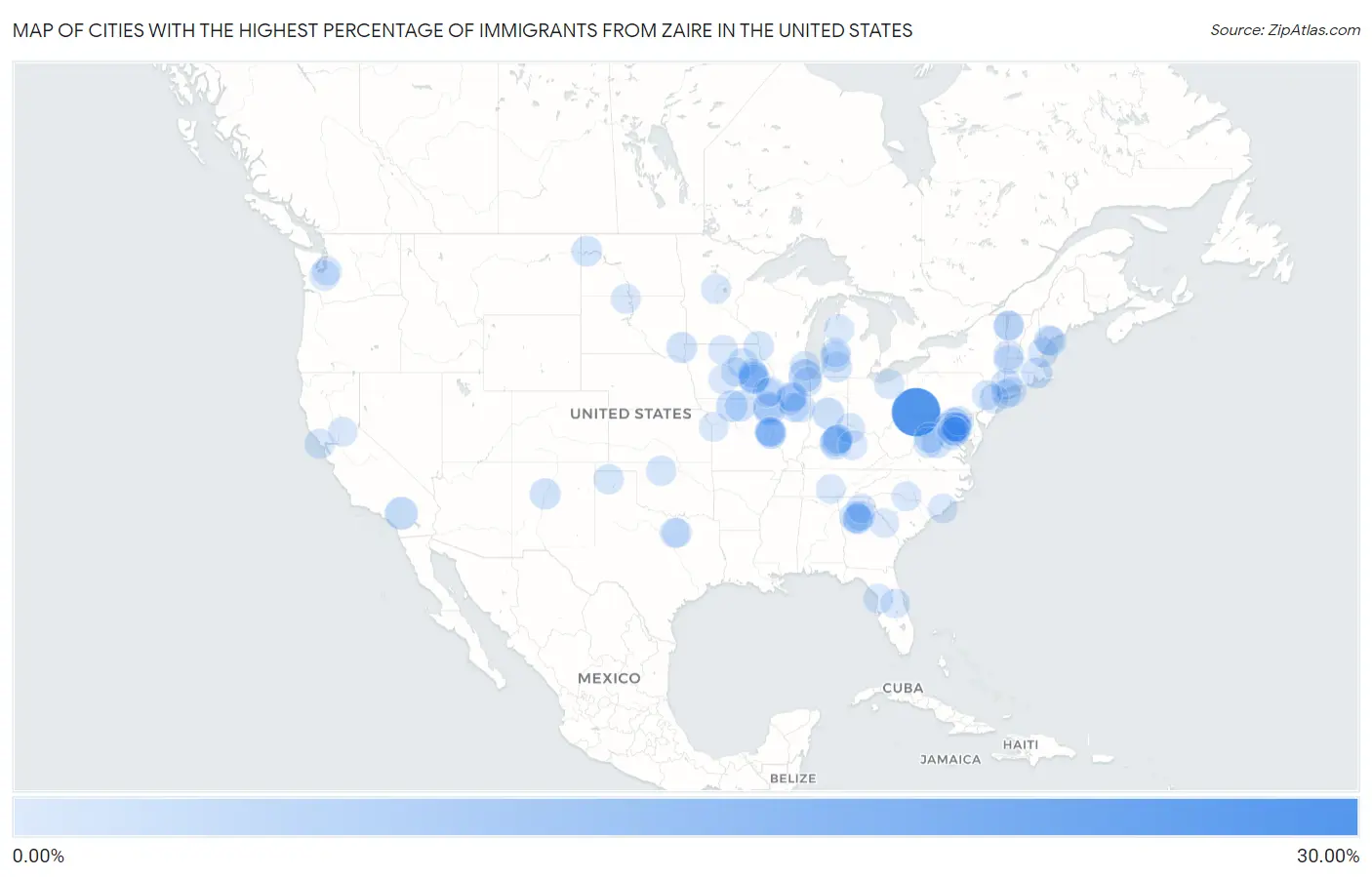 Cities with the Highest Percentage of Immigrants from Zaire in the United States Map