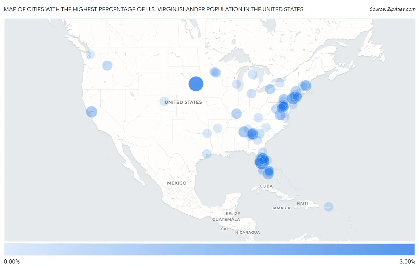 Cities with the Highest Percentage of U.S. Virgin Islander Population in the United States Map