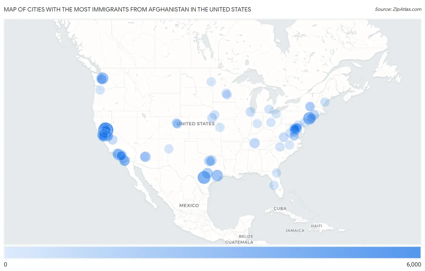 Cities with the Most Immigrants from Afghanistan in the United States Map
