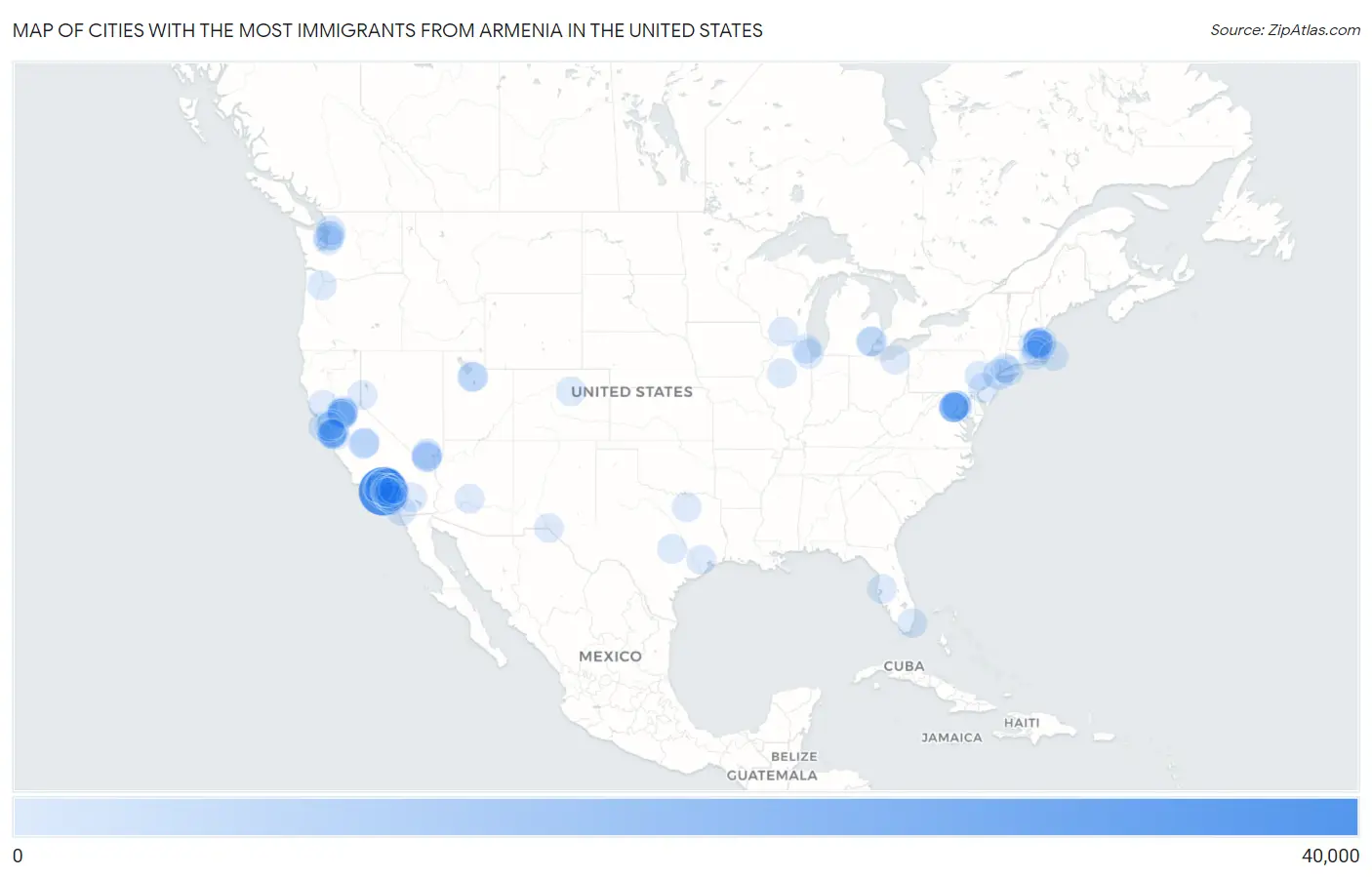 Cities with the Most Immigrants from Armenia in the United States Map