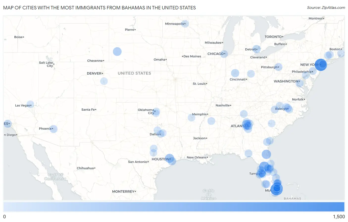Cities with the Most Immigrants from Bahamas in the United States Map