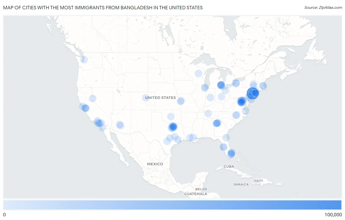 Cities with the Most Immigrants from Bangladesh in the United States Map