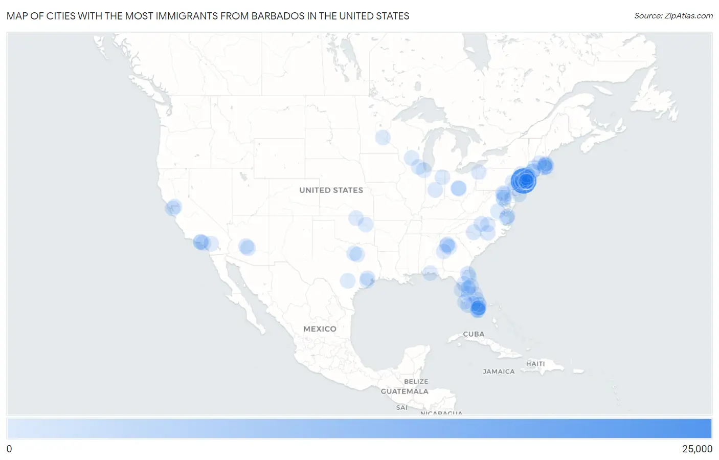 Cities with the Most Immigrants from Barbados in the United States Map