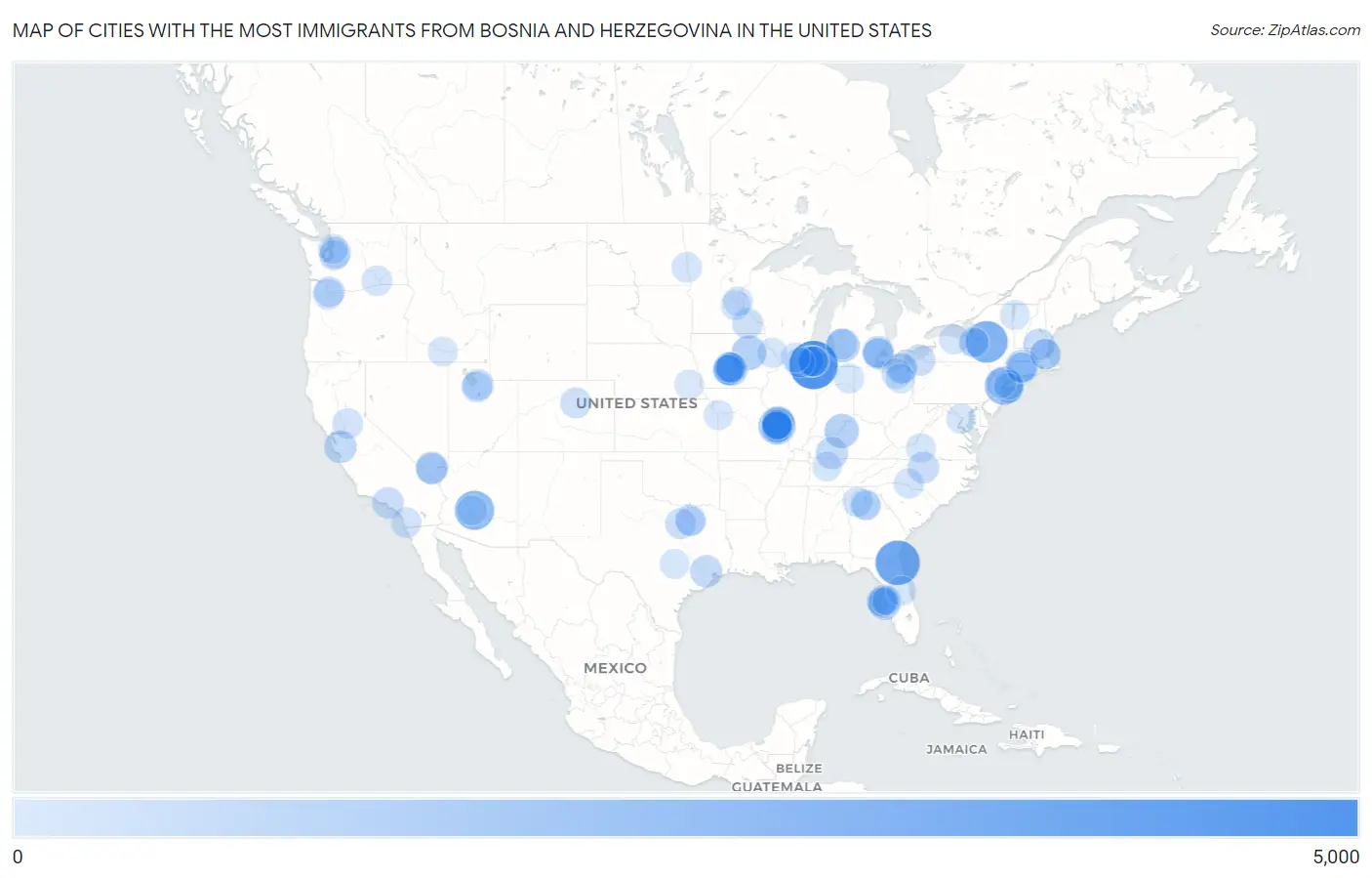 Cities with the Most Immigrants from Bosnia and Herzegovina in the United States Map