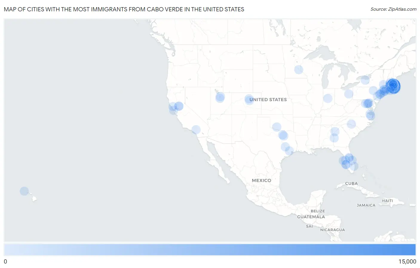 Cities with the Most Immigrants from Cabo Verde in the United States Map